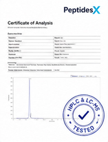 Sample Certificate of Analysis preview with PeptidesX branding and HPLC chromatogram